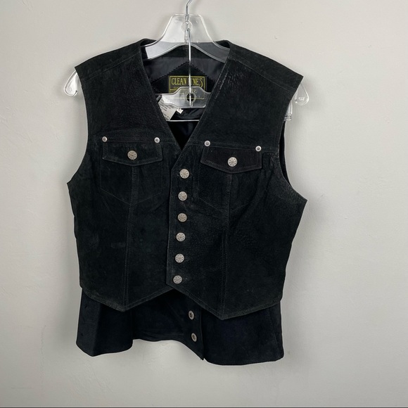 Vintage 80's Clean Lines Classics Black Leather Vest Skirt Set Size Large - Picture 6 of 13